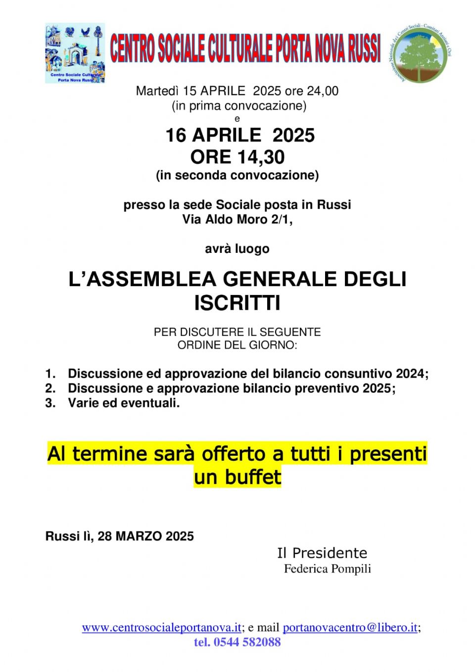 ASSEMBLEA DEI SOCI DEL CENTRO SOCIALE CULTURALE PORTA NOVA APS - INVITO