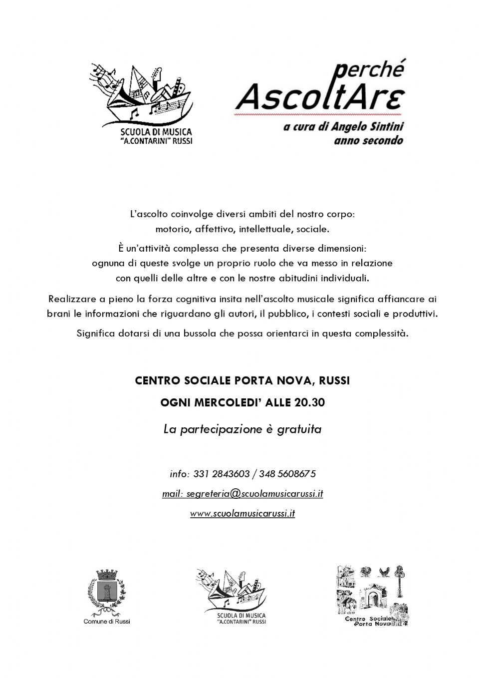 Perché ascoltare. Incontri settimanali a cura di Angelo Sintini. Dal 26 ottobre, ogni mercoledì alle 20.30