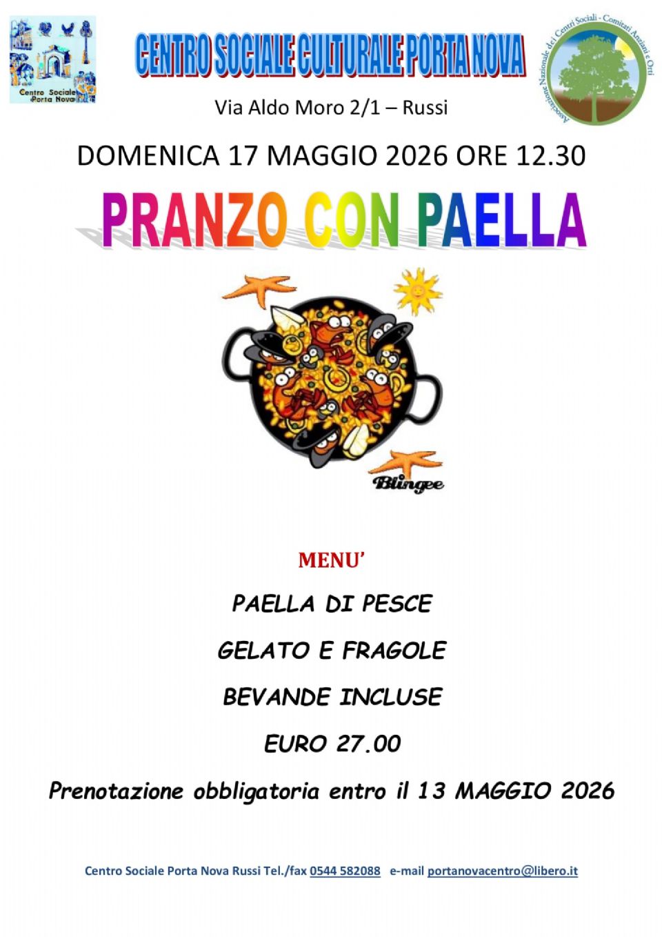 17 MAGGIO LA PAELLA!! PRENOTAZIONE OBBLIGATORIA ENTRO IL 13 MAGGIO