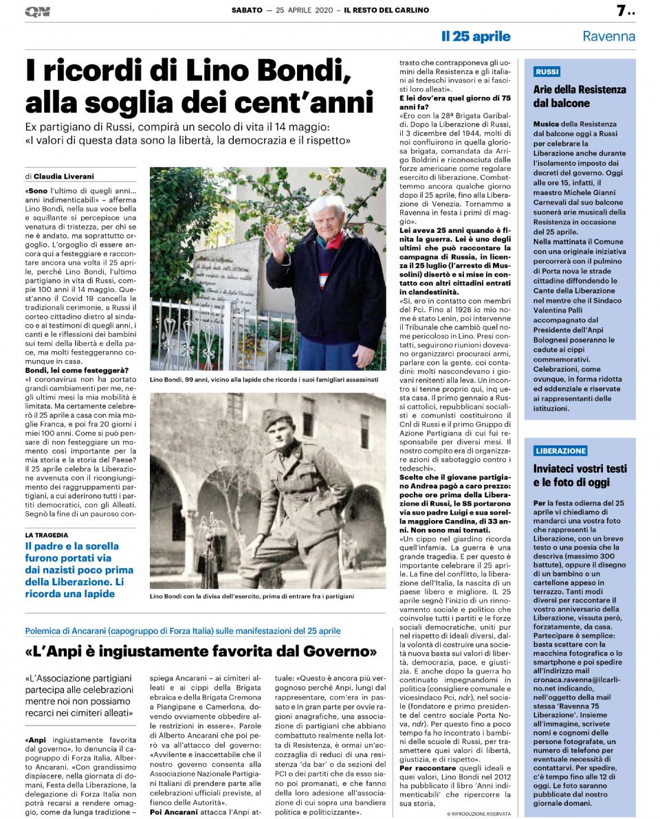 25 aprile 2020: Lino Bondi, vanto per Russi e per la sua Porta Nova 