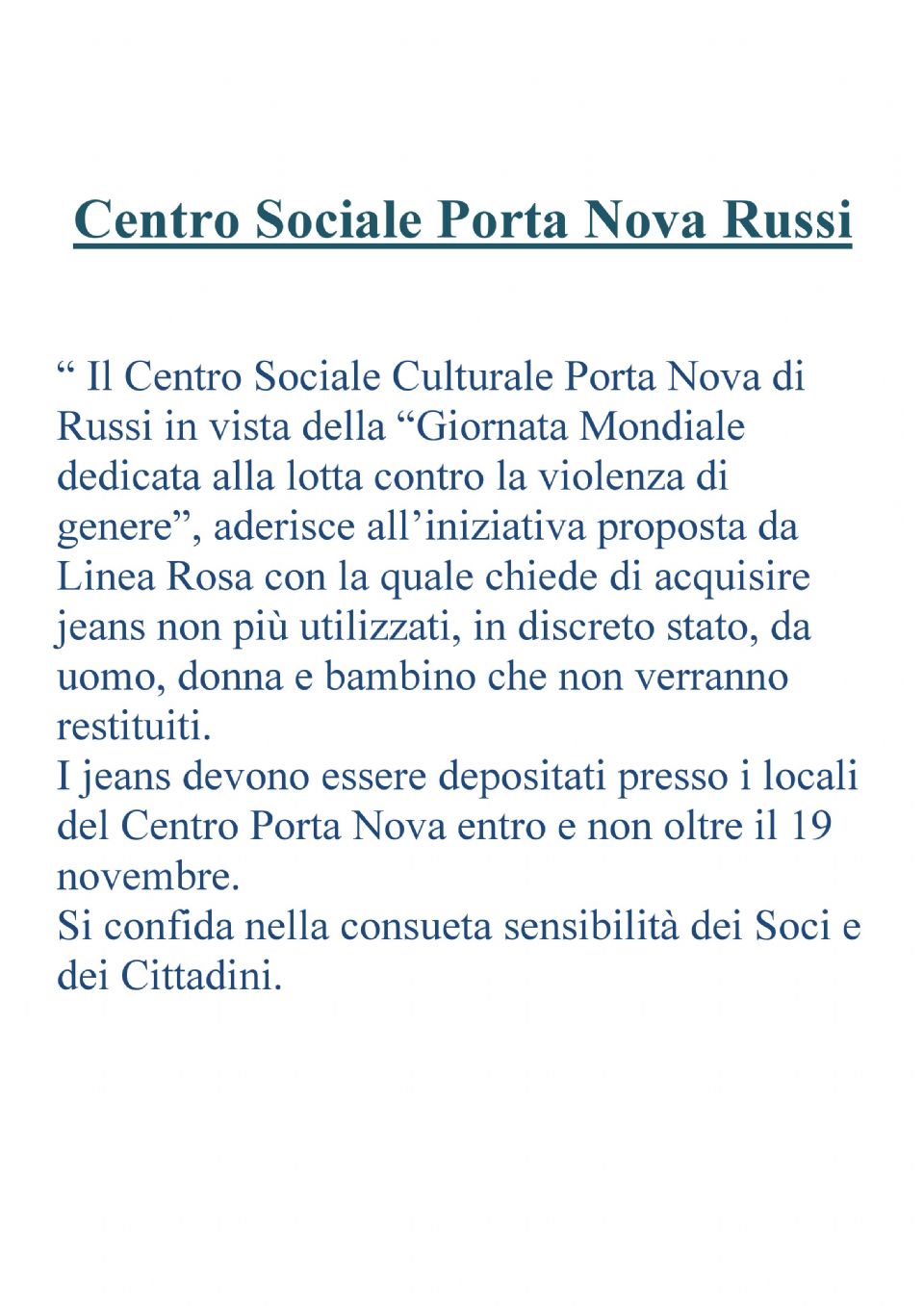 Il Centro Sociale Porta Nova Russi Aderise alla Giornata Mondiale alla lotta contro la Violenza di Genere