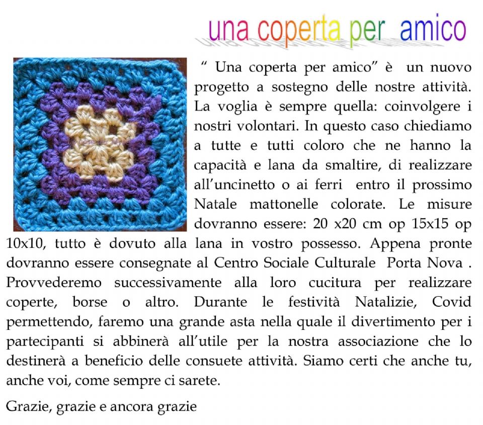 Progetto a sostegno per Porta Nova  : Una coperta per amico