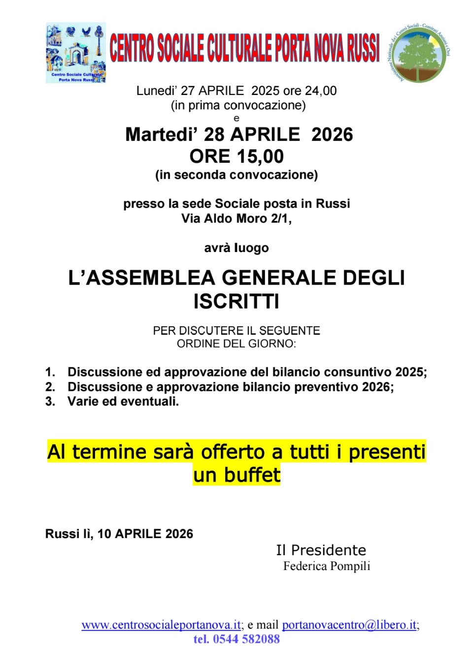 ASSEMBLEA GENERALE DEGLI ISCRITTI. PORTA NOVA 28.04.2026 ORE 15:00