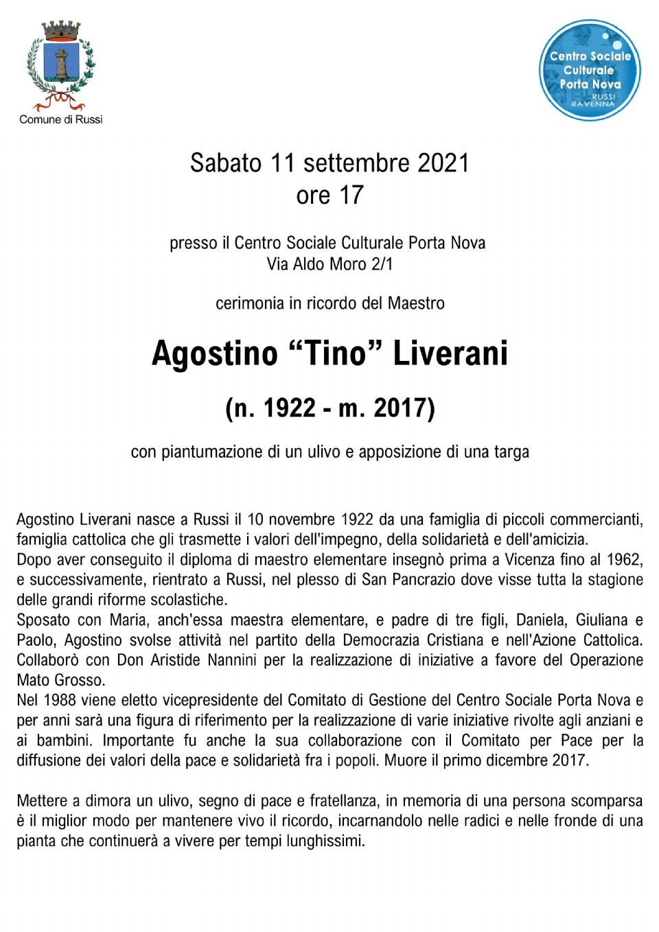 Cerimonia in ricordo del Maestro Agostino  Tino Liverani ( 1922-2017 )