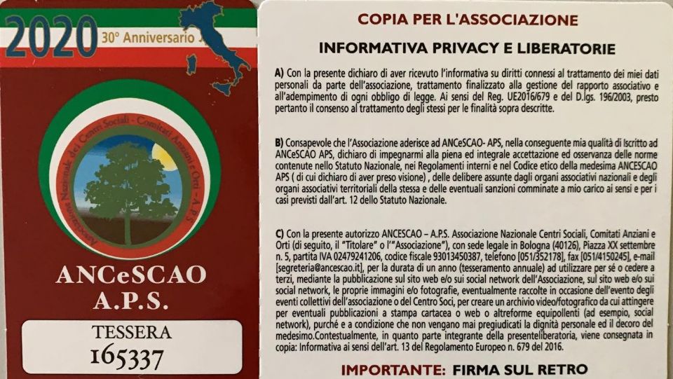 DAL 1^ GENNAIO INIZIA LA CAMPAGNA DI TESSERAMENTO 2020