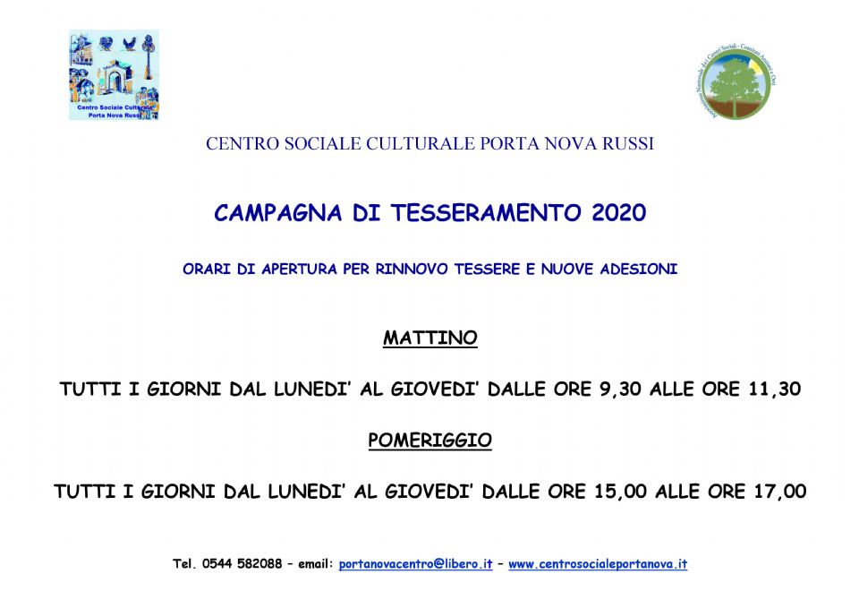 CONTINUA IL TESSERAMENTO 2020 A PORTA NOVA