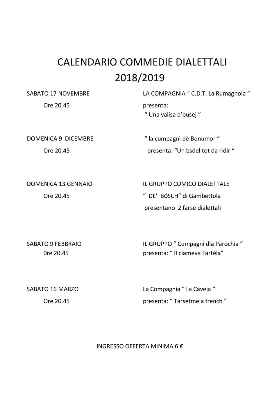 Calendario Commedie Dialettali 2018/2019