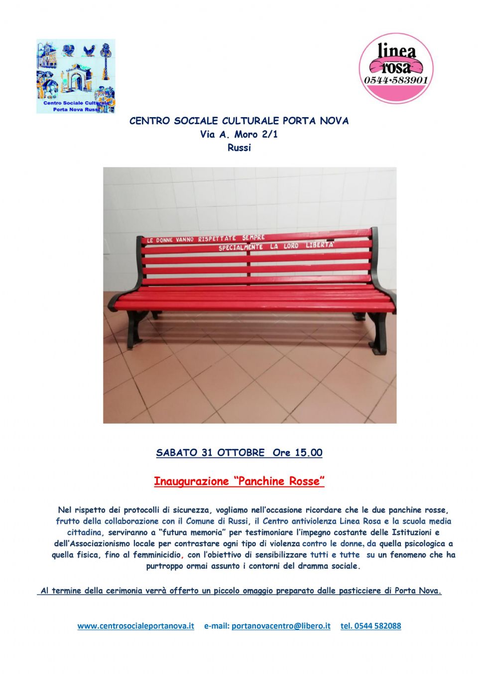 Sabato 31 Ottobre 2020 Inaugurazione delle Panchine Rosse 