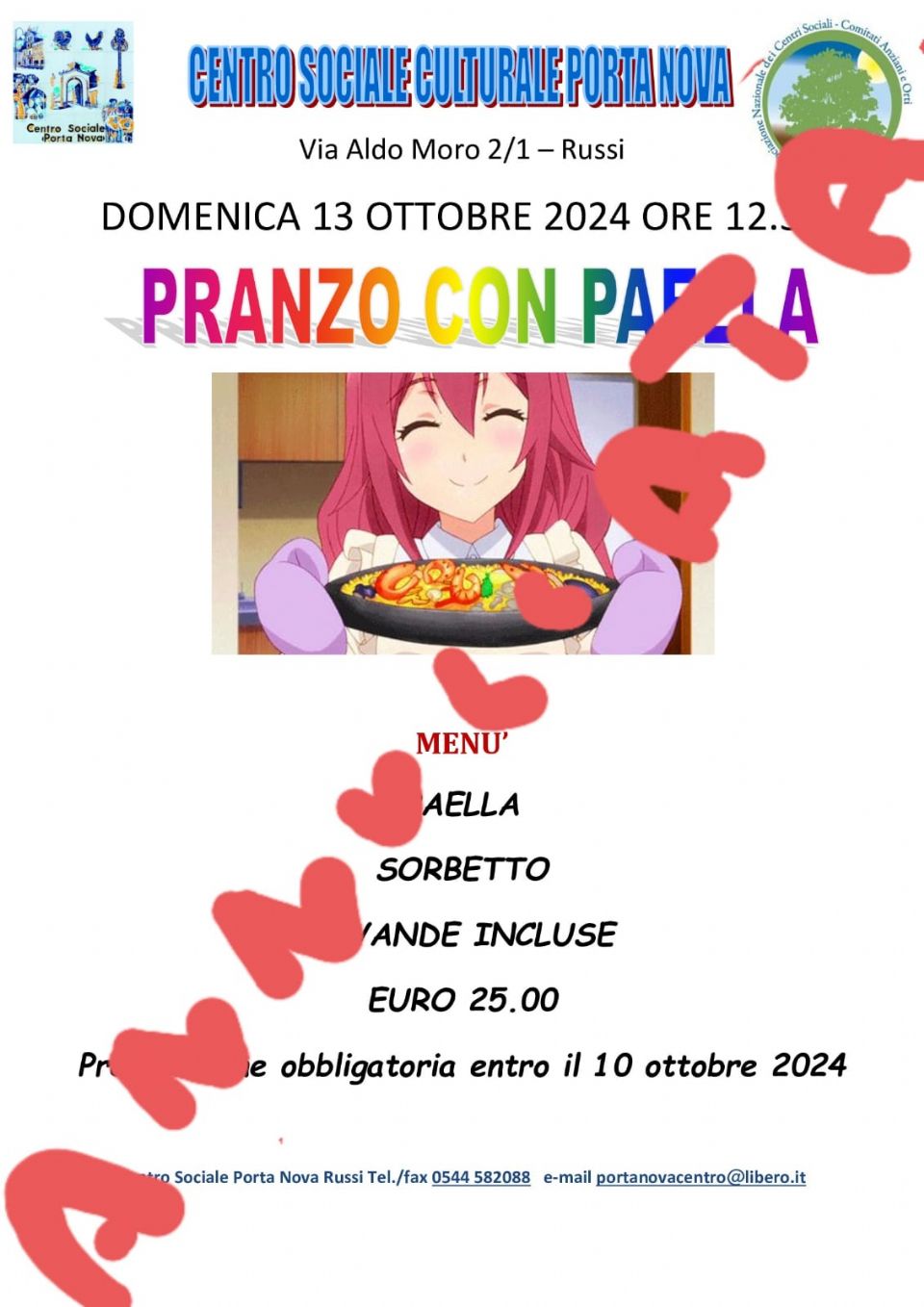 RIMANDATA LA PAIELLATA PREVISTA PER IL 13 OTTOBRE